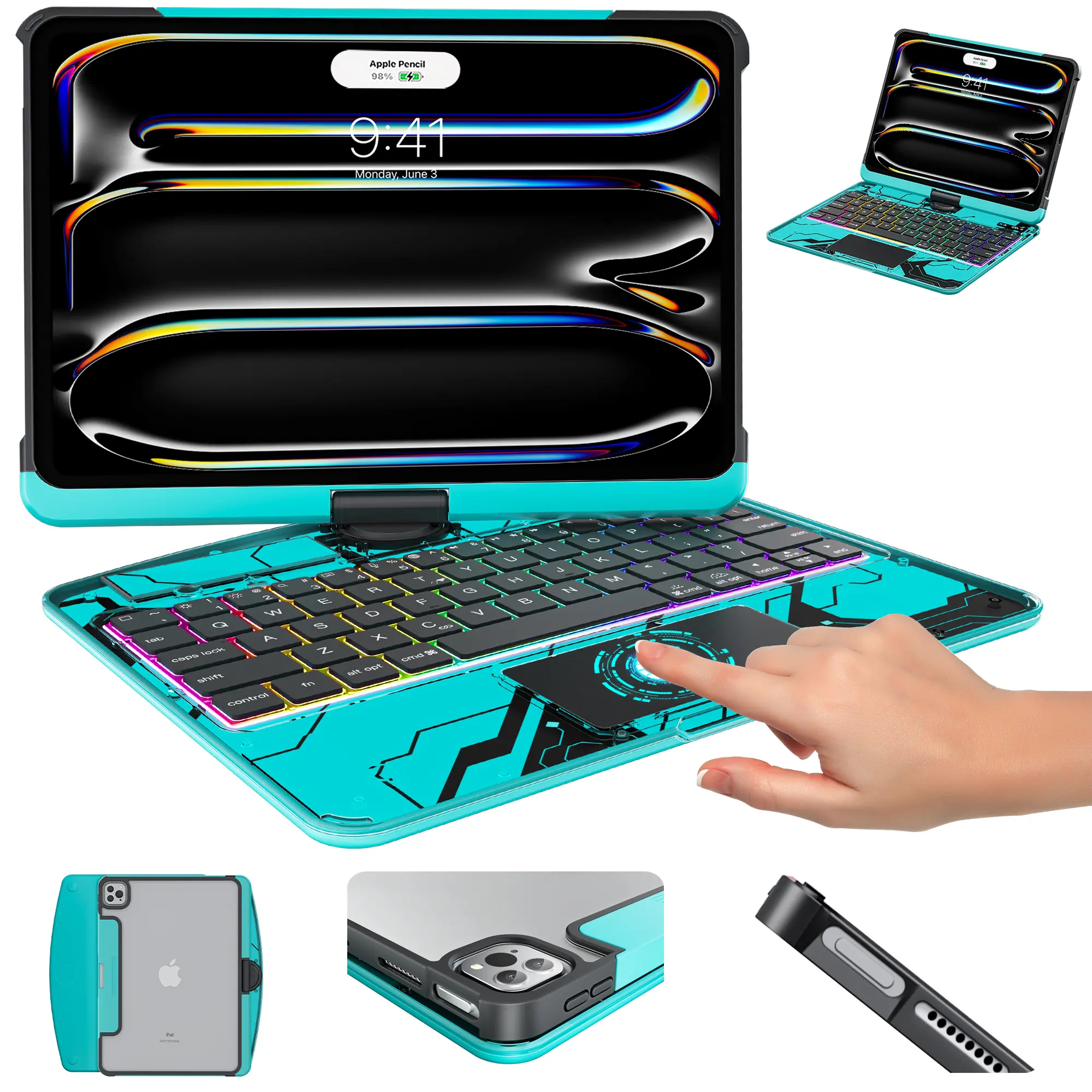 Y2K Transparent Blue 360° Rotating Keyboard Case for Apple iPad