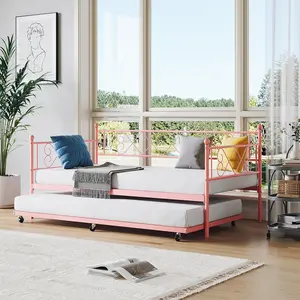 Gaomon Modern Twin Convertible Bed with Iron Frame, Powder-Coat Finish, Pull-Out Trundle, Headboard, Mattress Foundation Platform, Metal Slats, Assembly Required for Bedroom, Living Room