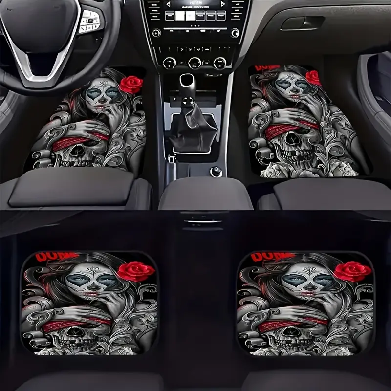 4pcs Stylish Skull Print Car Mats Car Floor Mats Are Fashionable And Elegant Car Interior Accessories Car Accessory Suitable for Most Vehicle Models, Making Them a Perfect Gift for Both Men And Women.