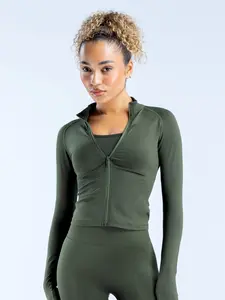 Women's High Neck Zipper Elastic Tight Long Sleeve Yoga Jacket, Athletic Jackets, Yoga Jacket Top, Outdoor Sports Seamless Fitness Coat, Sporty Breathable Outerwear, Suitable for Running Home Exercise, Workout Clothes Women, Sport Outdoor Clothing