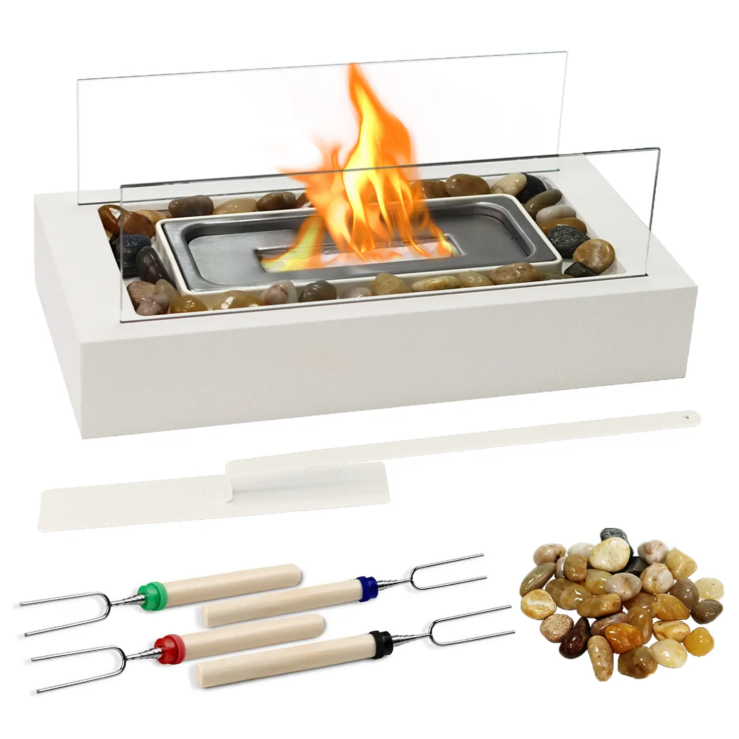 Real Flame Tabletop Fireplace | Portable Mini Fire Pit with Smores Kit | Glass & Metal Tabletop Fire Pit & Home Decor Candle Holder Set,indoor& outdoor for Couples  Cozy Homes, camping, party  and comes with 4 free smores sticks Modern