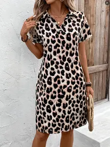 Elegant Plus Size Women's Leopard Print Casual Boho Soft Dress, Short Sleeve Summer Fashion, Comfortable, Loose and Stylish, Perfect for Daily Wear, Womenswear