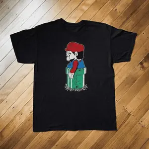 Mario Stuck Parody Black Tee, Urban Street Style Vintage Graphic Tee Unisex Top - Y2K Grunge Aesthetic, Top Menswear Womenswear Streetwear Casual Wear Round Neck