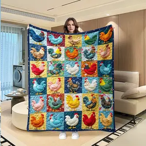 Colorful Rooster Patchwork Flannel Blanket, Warm Home Decor, Creative Digital Print, Holiday Gift, Sofa Bed Throw, Outdoor Multi-Purpose