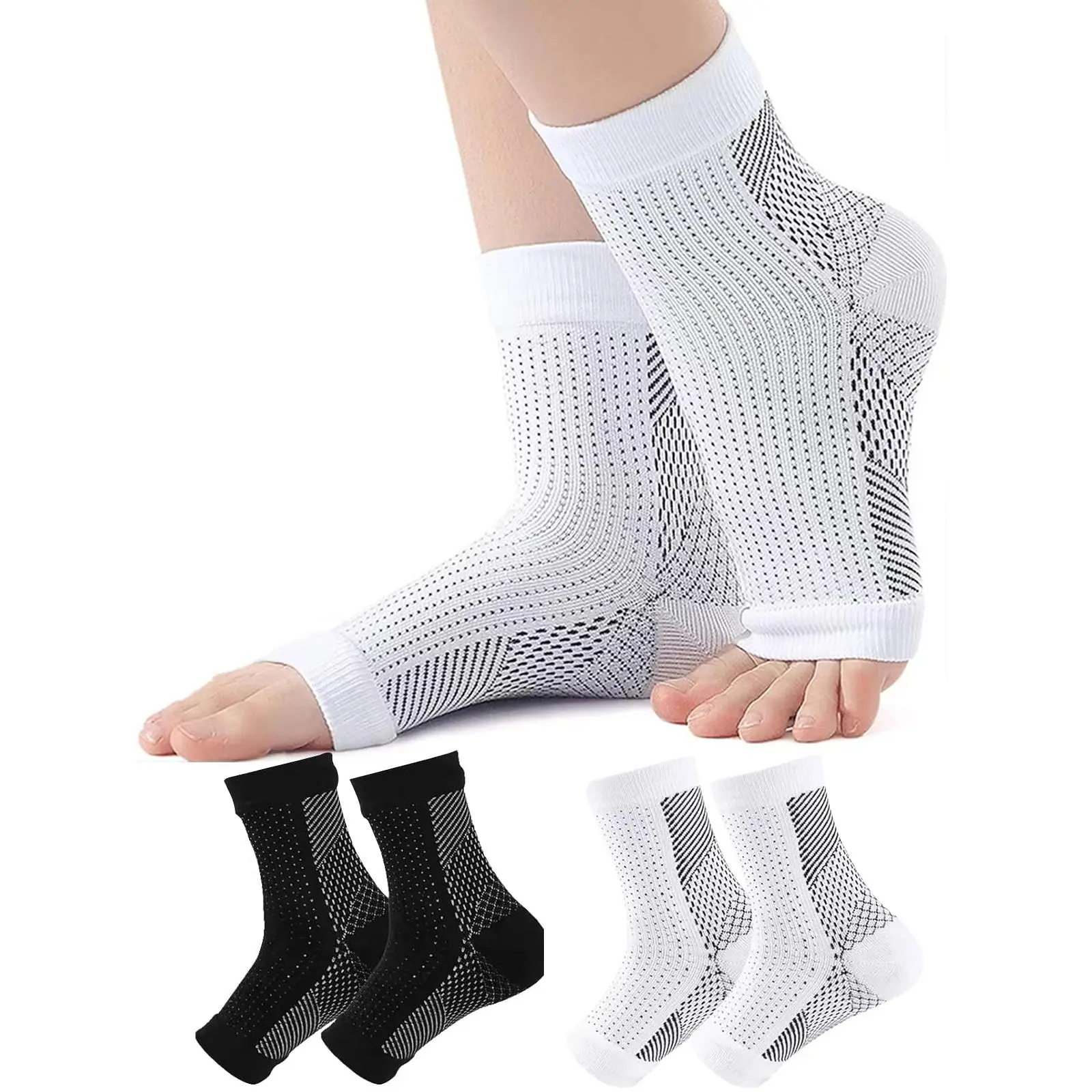 3 Pairs Compression Socks for Women & Men Open Toe-Best Ankle Compression Sleeve for Swelling, Achilles Tendonitis, Healthcare Cotton Support,  White Black Tool