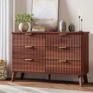 Modern Fluted 6-Drawer Dresser with Curved Design, Deep Storage Drawers, Wooden Chest for Bedroom, Living Room or Kids Room