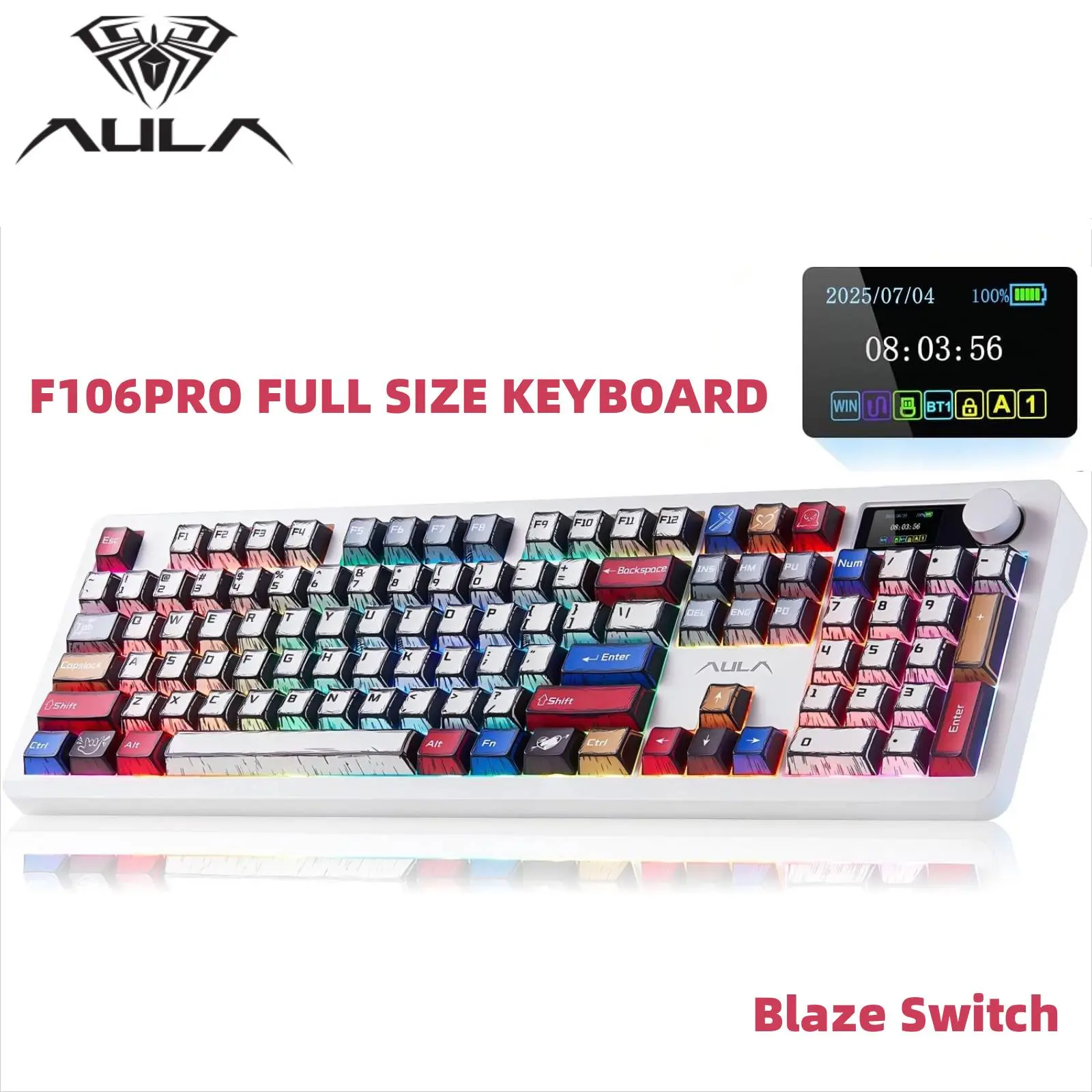 AULA F106 PRO Wireless Mechanical Keyboard,Full Size Gaming Keyboard with Hot Swappable Knob & Screen,Tri-Mode RGB Backlit with 8000mAh for PC/Laptop/Windows - Blaze Switch,Comic Mix