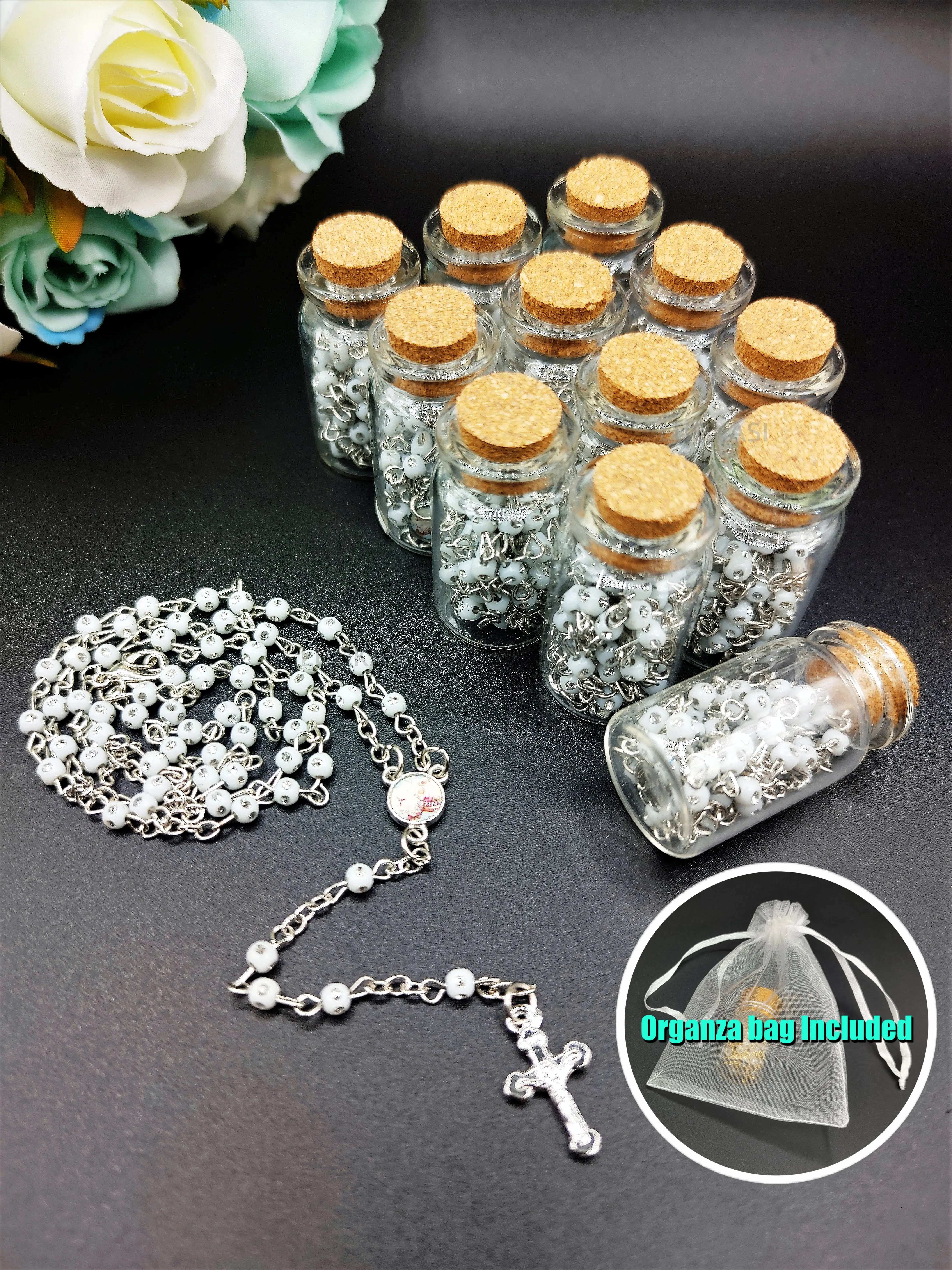 US LUOKASI 4/12pcs Baptism Favors White Beads Rosary in Wishing Bottle Perfect for DIY Baptism Favors Holy Communion Recuerdos De Bautizo Quinceanera Christening Primera Communions Gifts Baby Shower Wedding Souvenirs