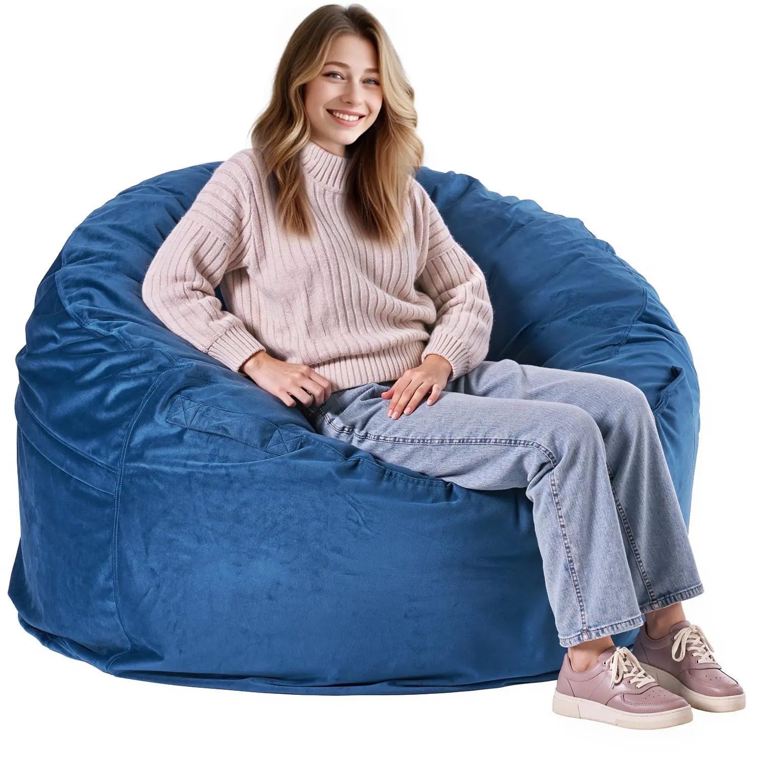 【SummerFinds】VEVOR Single Seat Round Bean Bag Chair, Smooth Dutch Velvet Fabric Cover with Removable & Washable Design, High-Density Foam Filling, Handle & Side Pocket for Adult Living Room, Playrooms, Watch Party, Blue