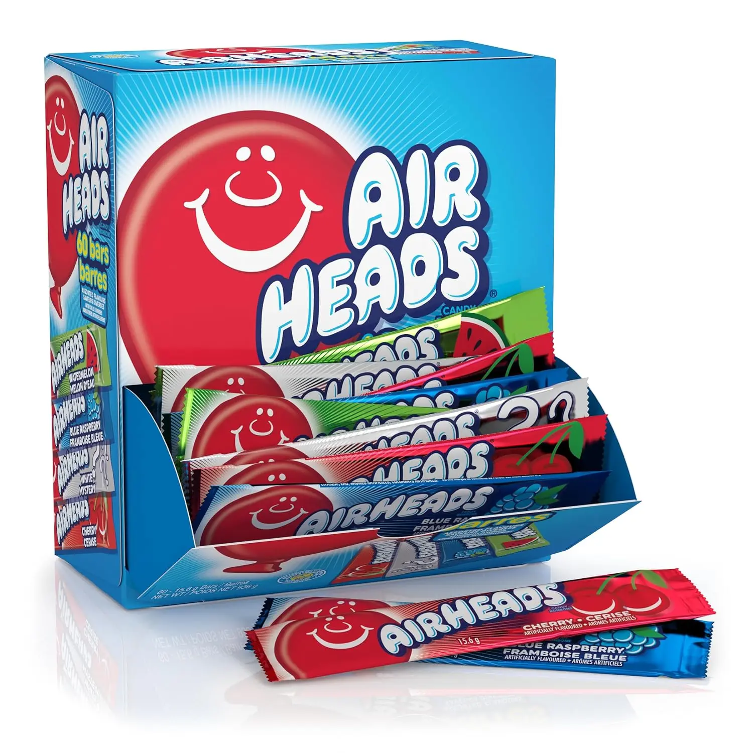 Airheads Full-Size Taffy Candy Bars, Bulk Variety Pack - 6 Assorted Sweet Fruit Flavors, Artificially Flavored, Individually Wrapped, 60-Count Snack Candy Box