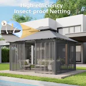 Aoxun Outdoor Gazebo for Patio 10x12 Metal Frame Canopy with Double Roofs Heavy Duty Party Tent and Shelter with Mosquito Netting and Privacy Screen for Backyard, Lawn, Garden, Deck