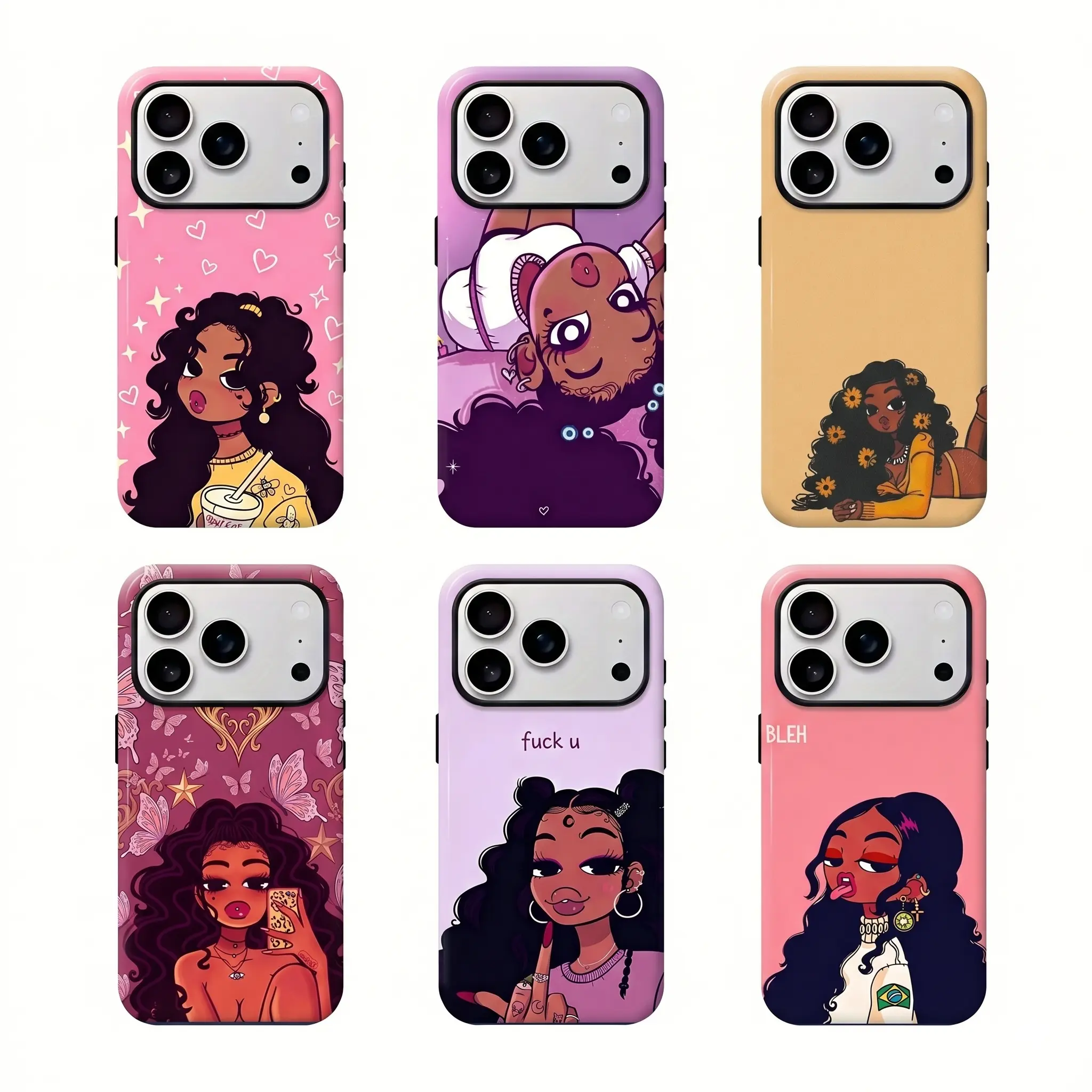 Coquette Y2K Black Girl Cartoon Phone Case Pink Lace Skull Heart Aesthetic Print Shockproof Phone Cover Compatible for iPhone 17Promax 16 15 14 13 12 11 and for Samsung S21 S22 S23 S24 S25 S26 Perfect Gift for Her Girly Phone Accessory