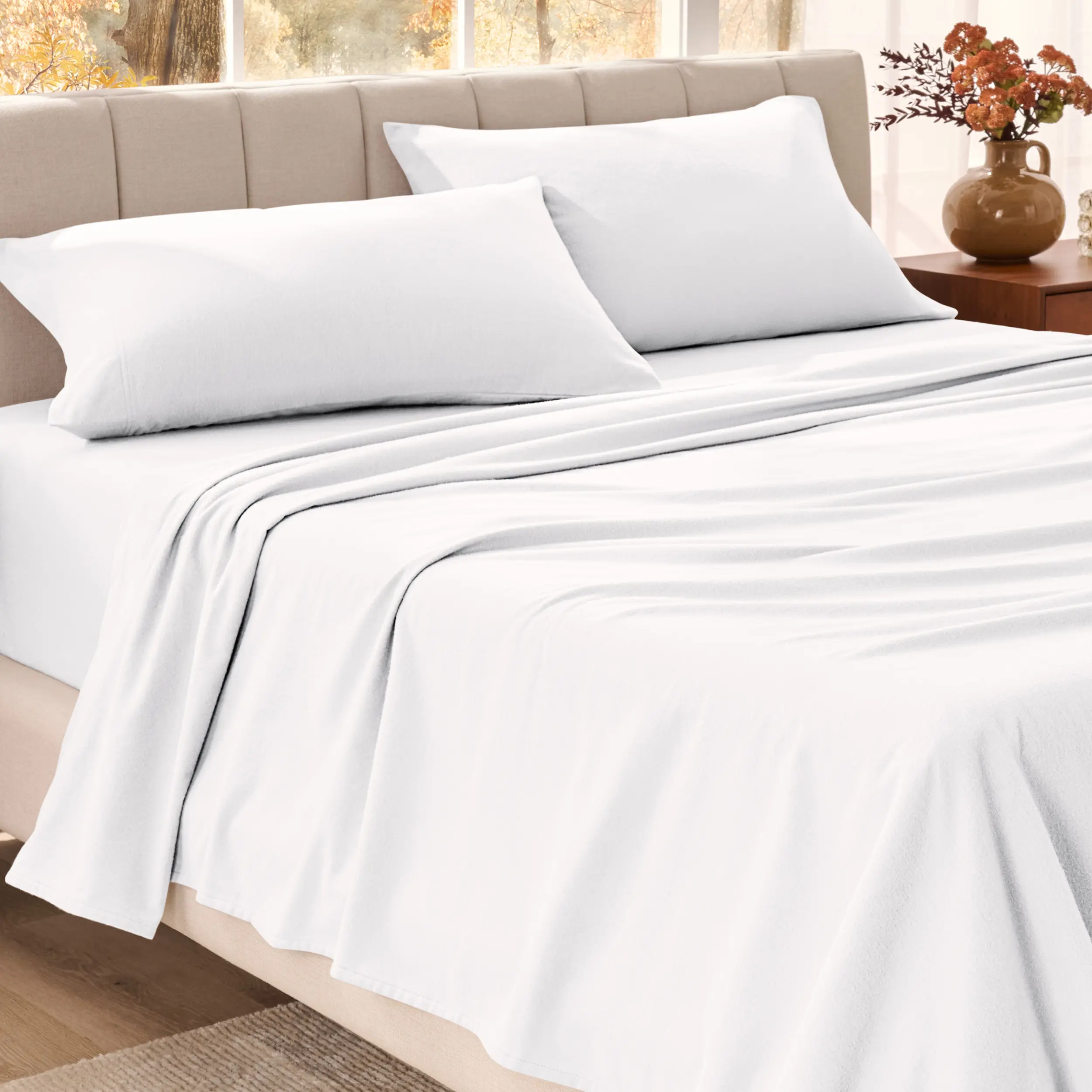 Bare Home Organic Cotton Flannel Bedding Sheet Set - Double Brushed for Warmth, Less Lint-Pilling, Soft, Durable, Snug Fit Solid Color Linens for Comfy Bed Setup