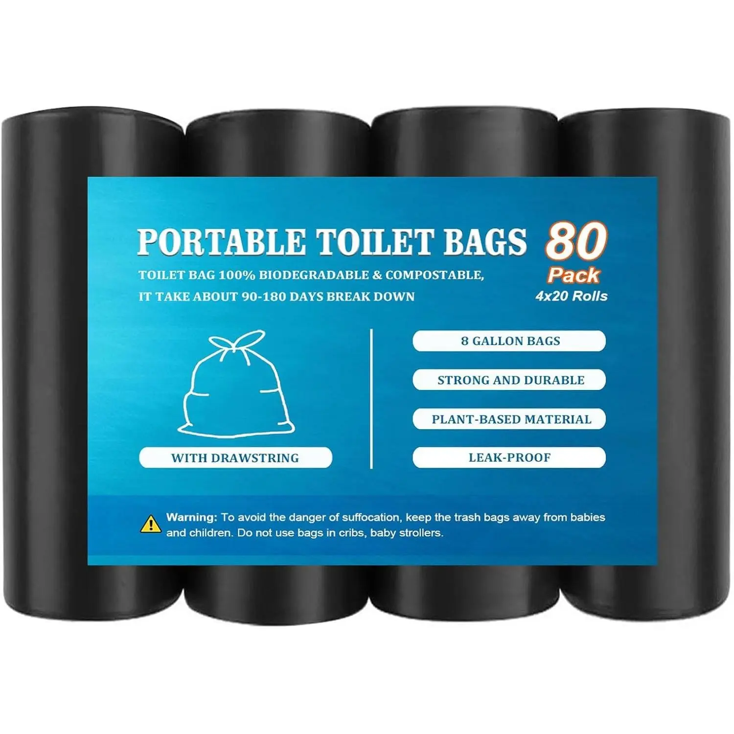 80 PCS Portable Toilet Bags with Drawstring, Biodegradable Porta Potty Bags - 8 Gallon Thickened Waste Bags Fit for 5 Gallon Bucket, Camping Poop Bag, Trash Bags for Home Boating Travel Outdoor