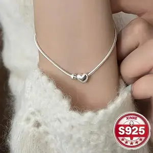 1pc Elegant 925 Sterling Silver Bracelet with Heart Charm, Minimalist Fashion Jewelry, Perfect Gift for Wedding, Birthday, New Year, Valentine'S Day