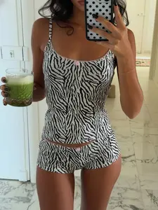 Women's Zebra Print Crop Top & Shorts, Stretchy Outfit Sets, Sleeveless Natural Waist, Y2K Street Style, All Seasons Fashion