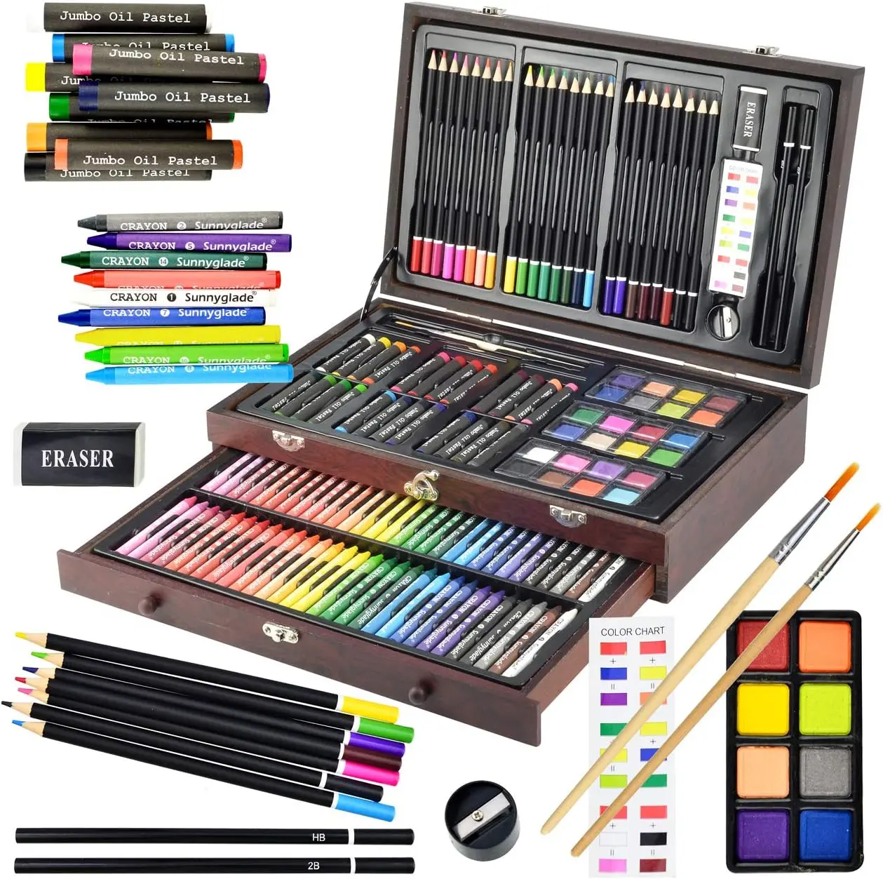 [Back to School] Unisex 145-Piece Deluxe Multifunctional Art Set with Wooden Box, Crayons, Oil Pastels, Colored Pencils, Watercolor Cakes, Sketch Pencils, Paint Brush, Sharpener, 1-Eraser, 1-Color Chart, Painting Papers (Cherry), Multifunctional Art Suppl