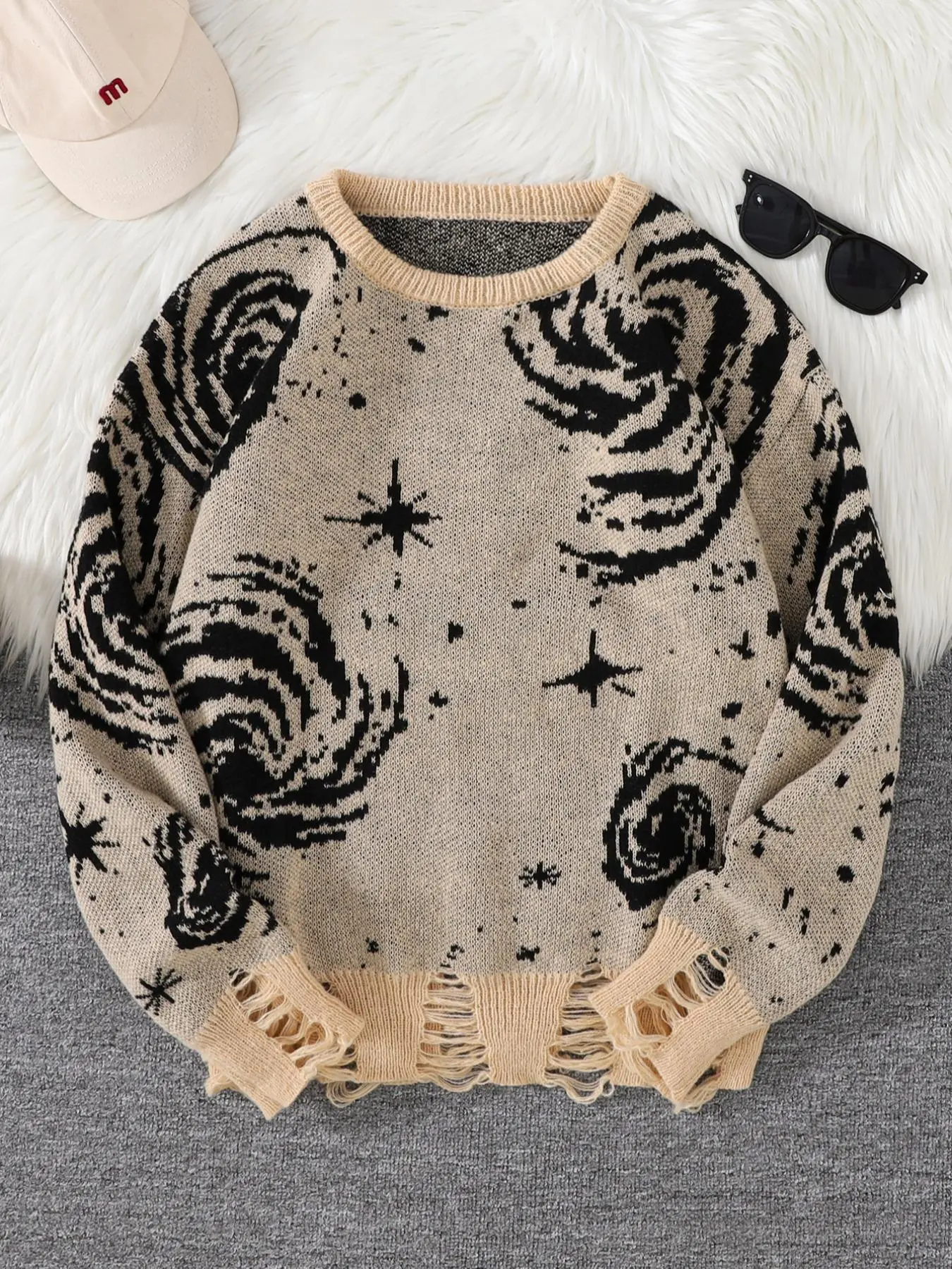 Men's Graphic Pattern Galaxy Ripped Drop Shoulder Knitted Pullover Sweater, Loose Casual Long Sleeve Round Neck Jumper for Fall & Winter, Fashion Men's Knitwear for Daily Wear