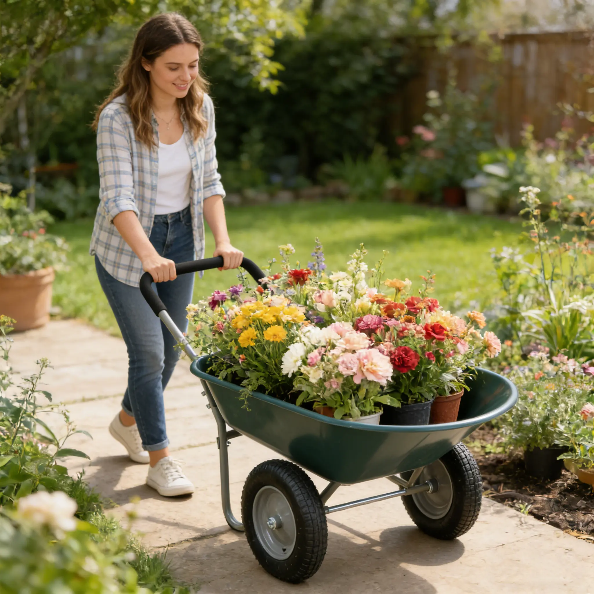 wheel barrow Two wheeled trolley for green garden 15 inch pneumatic wheel WB1001GN