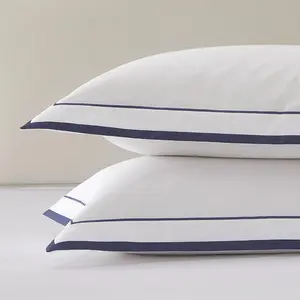 White King Pillow Shams Set of 2, 100% Cotton Luxury Hotel Pillowcases with Navy Embroidered Double Border, Soft Smooth Elegant Decorative Pillow Cases wit