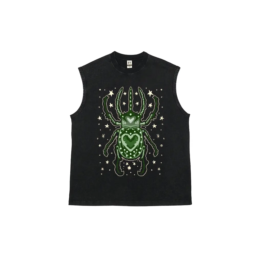 Men's Heart Beetle Graphic Tank Top, Vintage Washed 100% Cotton, Breathable Loose Fit Vest for Casual Streetwear, Distressed, Menswear, Soft, Cotton Fabric, Retro, Casual Fit, Relaxed Fit