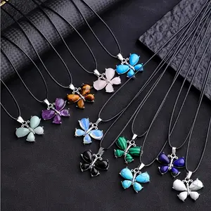 10pcs Natural Stone Butterfly Pendant Necklace Set - 10 Beautiful Crystal Pendants with 10 Chain Necklaces for DIY Jewelry Making - Perfect for Women, Holiday Gifts & Home Decor