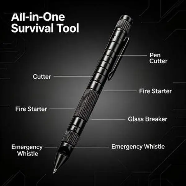 Camping & Hiking Multi-Tool Pen with Anti-Slip Grip, Built-In Pocket Folding Knife & Functions, All-In-1 Pocket Supplies for Outdoor Lovers’ Daily Carry & Road Trips