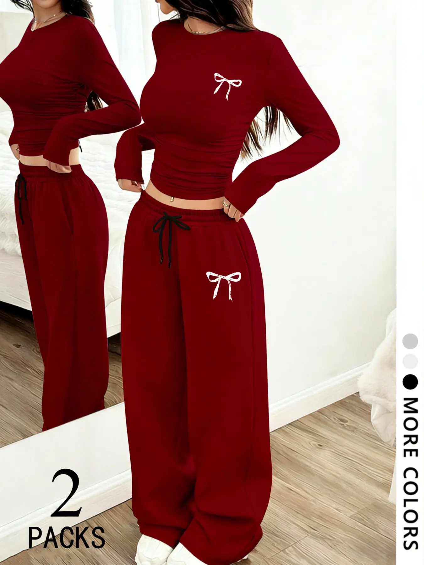 Women's Two-Piece Set, Casual Small Round Neck Long Sleeve Top, Straight Leg Drawstring Baggy Pants, Loose Comfortable Fabric, Perfect for Daily Wear, Travel, Shopping, Sleep