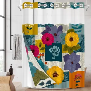1pc hookless shower curtain with snap fastener, retro floral collage 2D Flat Printing, fabric waterproof inner lining shower curtain with transparent window double-layer curtain, 71 x 74 inches, modern home curtain decoration, Shower Curtain Liner