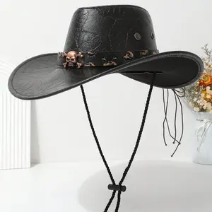 Skull Belt Decoration Leather Cowboy Hat - Halloween Style