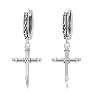 MEIDERBO Cross Earrings 925 Sterling Silver Cross Dangle Huggie Hoop Earrings Religion Cross Jewelry Gifts for Men Women