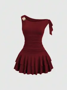 Women's Metal Flower Decorated Dress, Womenswear, Ruched Shoulder Design, Frill Hem, Fashionable Casual Wear, Elegant Party, Elegant Dresses
