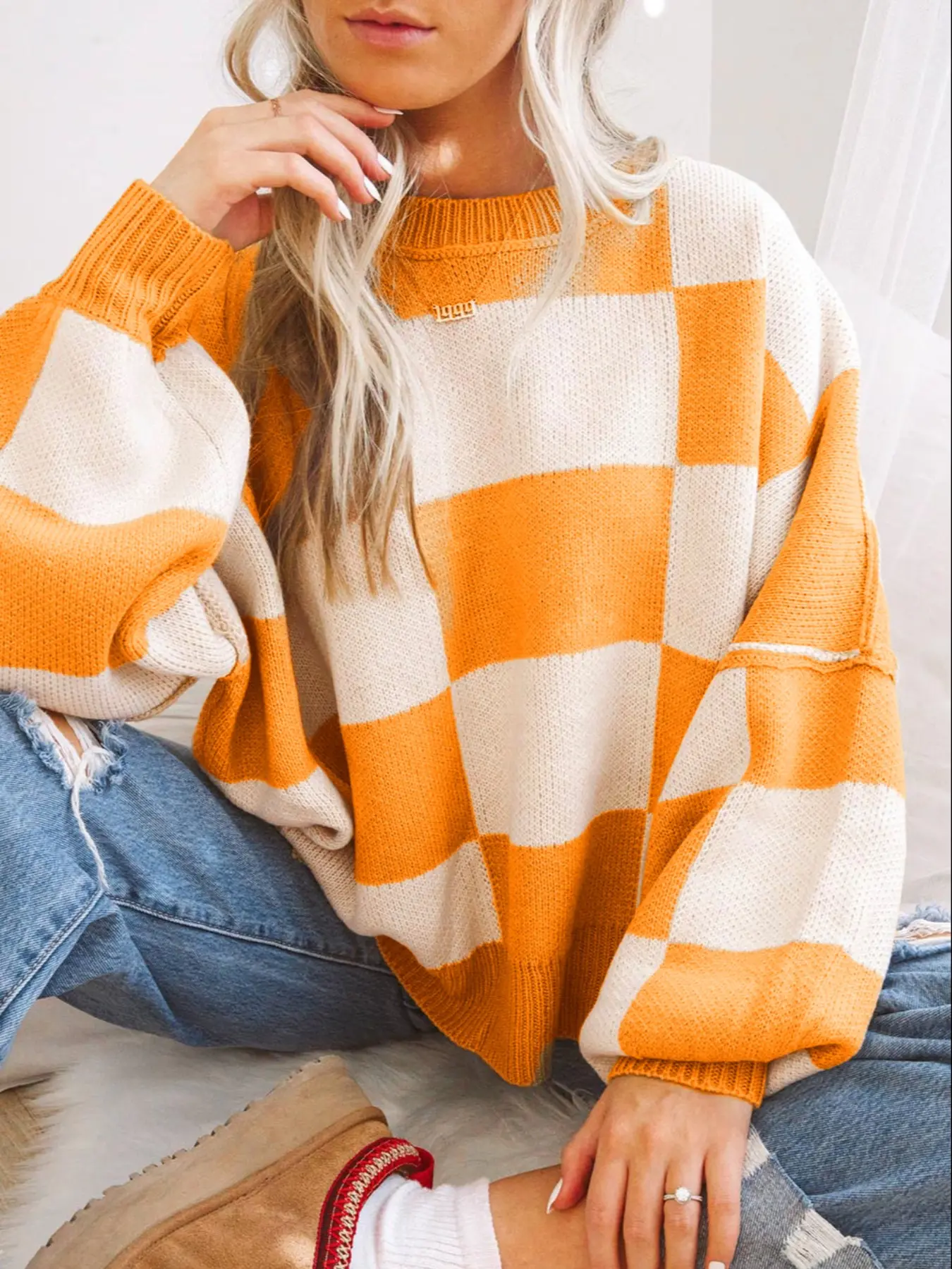 Women's Colorblock Plaid Knit Sweater Set, Plus Size Long Sleeve Pullover, Elegant Winter Fashion, Casual Business Wear, Knitwear