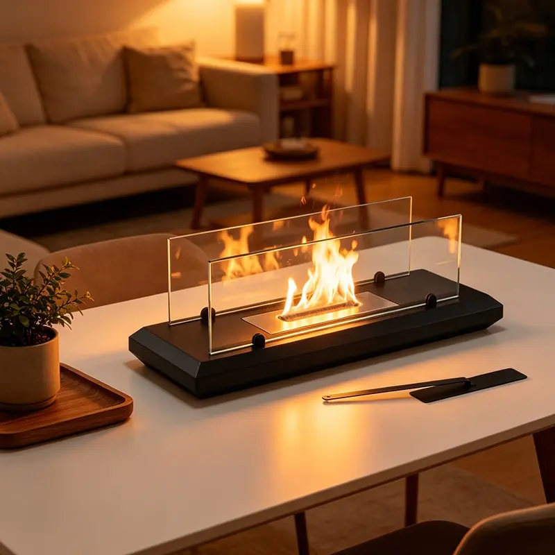 Portable Desktop Fireplace, Rectangular Glass Tabletop Fire Pit, Indoor Outdoor Use, Fashionable Decorative Living Room Decor, Non-Electric Heating