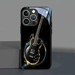 Tempered Glass Smartphone Cover - Black & Gold Guitar Light Effect Pattern, Protective Accessory for iPhone 11,12,13,14,15,16,17 Plus Pro Max Couple Case with Enhanced Protection
