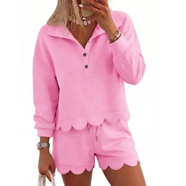 FISOEW Womens 2 Piece Sweatsuit, Basic Casual Matching Set with Long Sleeve Half-Button Top and Shorts, Comfortable Loungewear, Women's Clothes, Two Piece Sets
