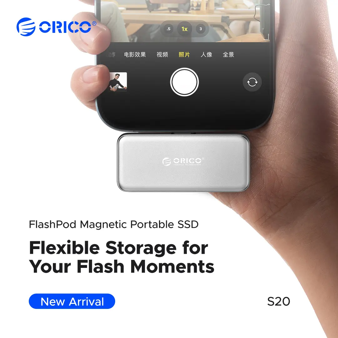 ORICO FlashPod Magnetic Portable SSD, 20Gbps Data Transfer, 1944MB/s Read & 1716MB/s Write, Compact External SSD,Reliable Storage for iPhone 18/17/16/15 Series ,Tablets & Laptops （s20）