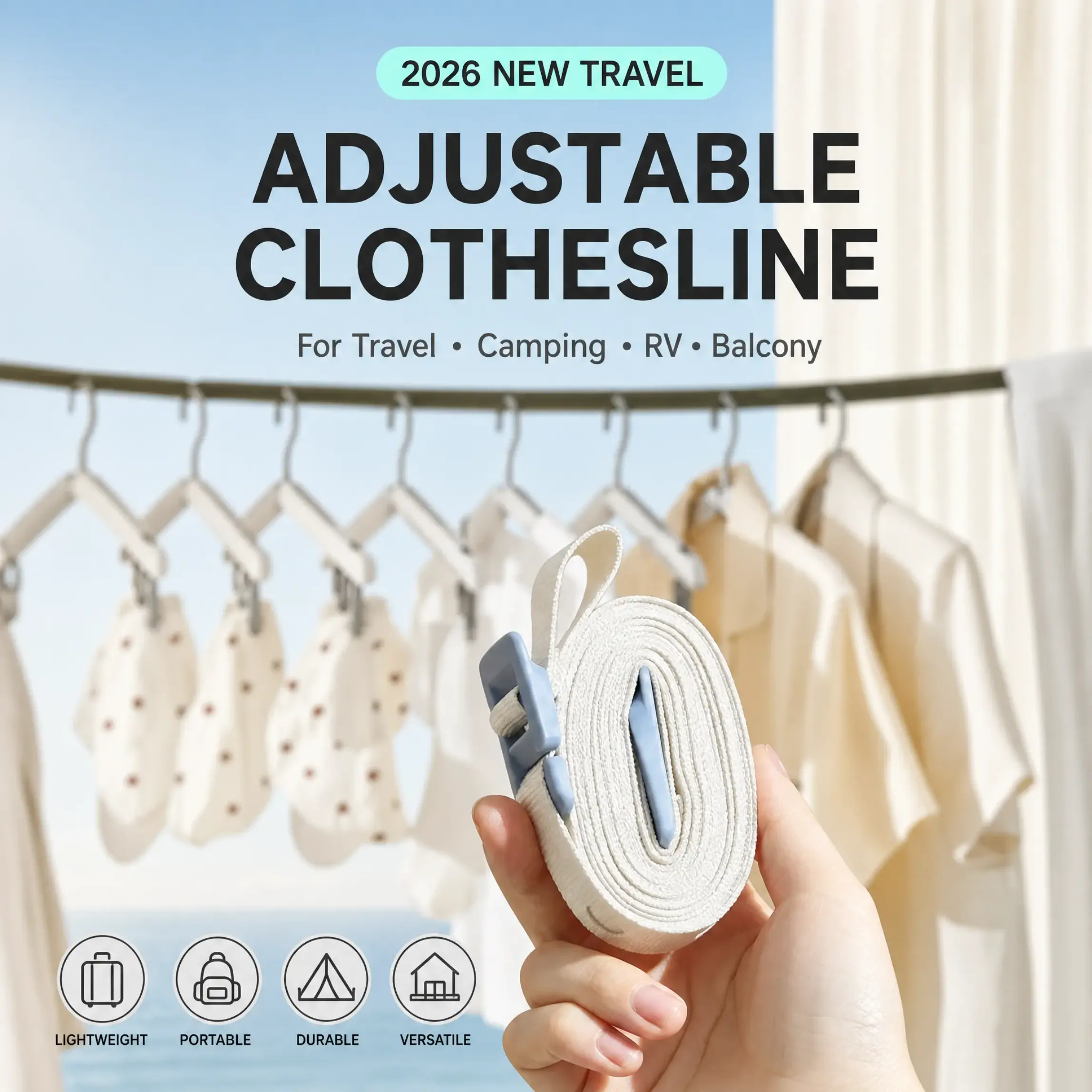 Portable Adjustable Travel Clothesline Set, Anti-Slip Camping Laundry Rope with Holes, Heavy-Duty Retractable for Hotel, Outdoor Use