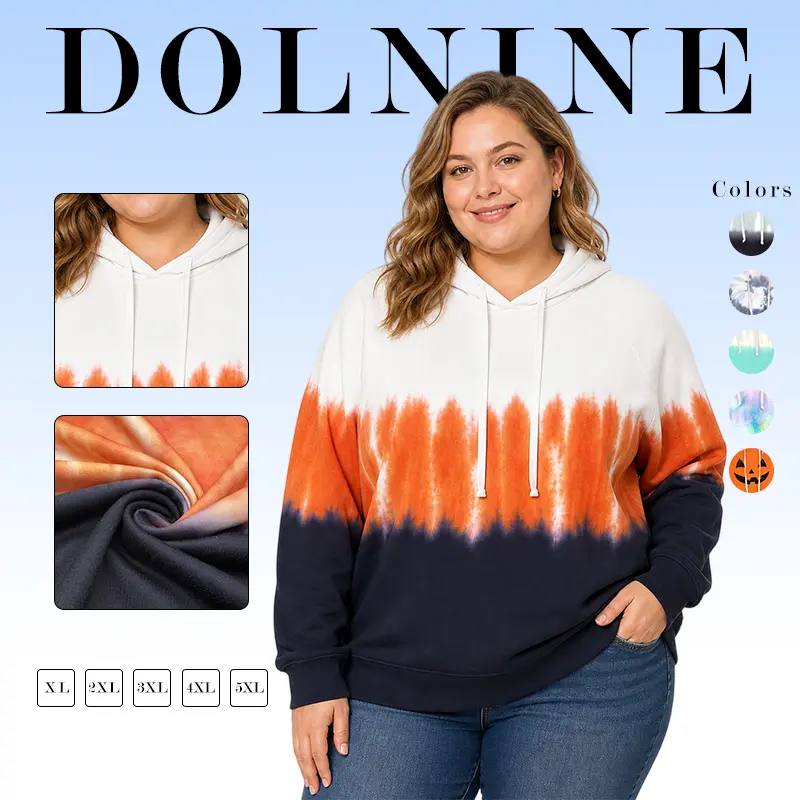 DOLNINE Women's Plus Size Drawstring Hood Sweatshirts, XL-5XL Early Fall Tie Dye Color Block Loose Pullover Long Tunic Tops, VPS0066