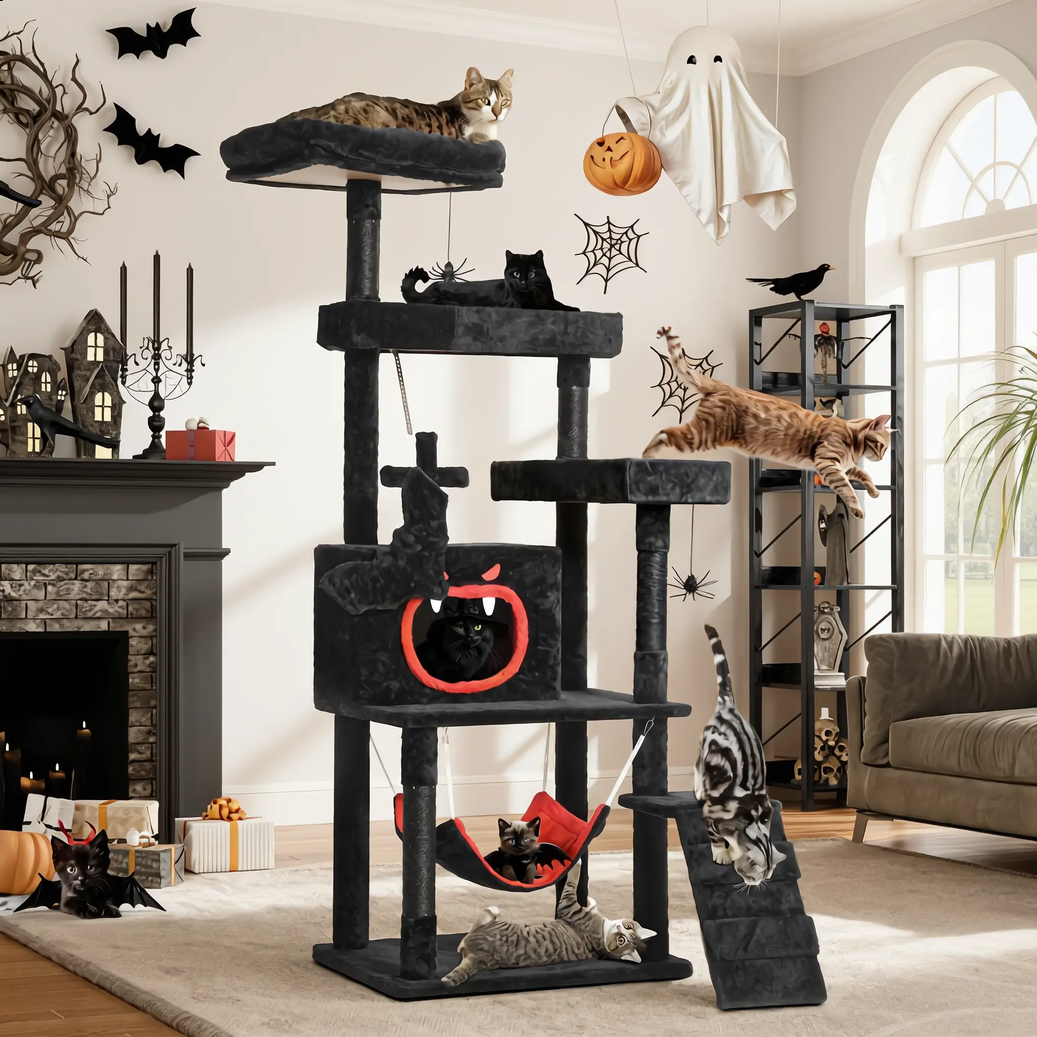 Yitahome Gothic/Christmas Cat Tree with Coffin Bed, Cat Tower for Cats with Top Perch, Spacious Cat Condos, Comfy Hammock, Scratching Post and Ladder