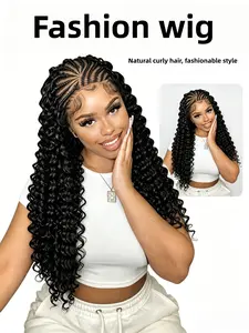 13*6hd Lace Pre-Braided Synthetic Wig, Long Deep Curly Cornrow Braided Wig, Natural Baby Hair, Glueless Afro Curly Wig for Women, Lace Wigs
