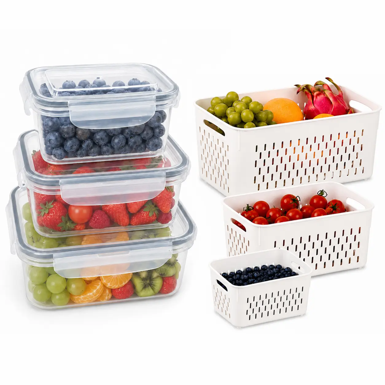 3 Pack Fridge Organizer Storage Containers with Removable Colanders, Airtight Leakproof Stackable Produce Keepers for Fruits, Berries, Lettuce and Vegetables, 800/1700/3150 mL