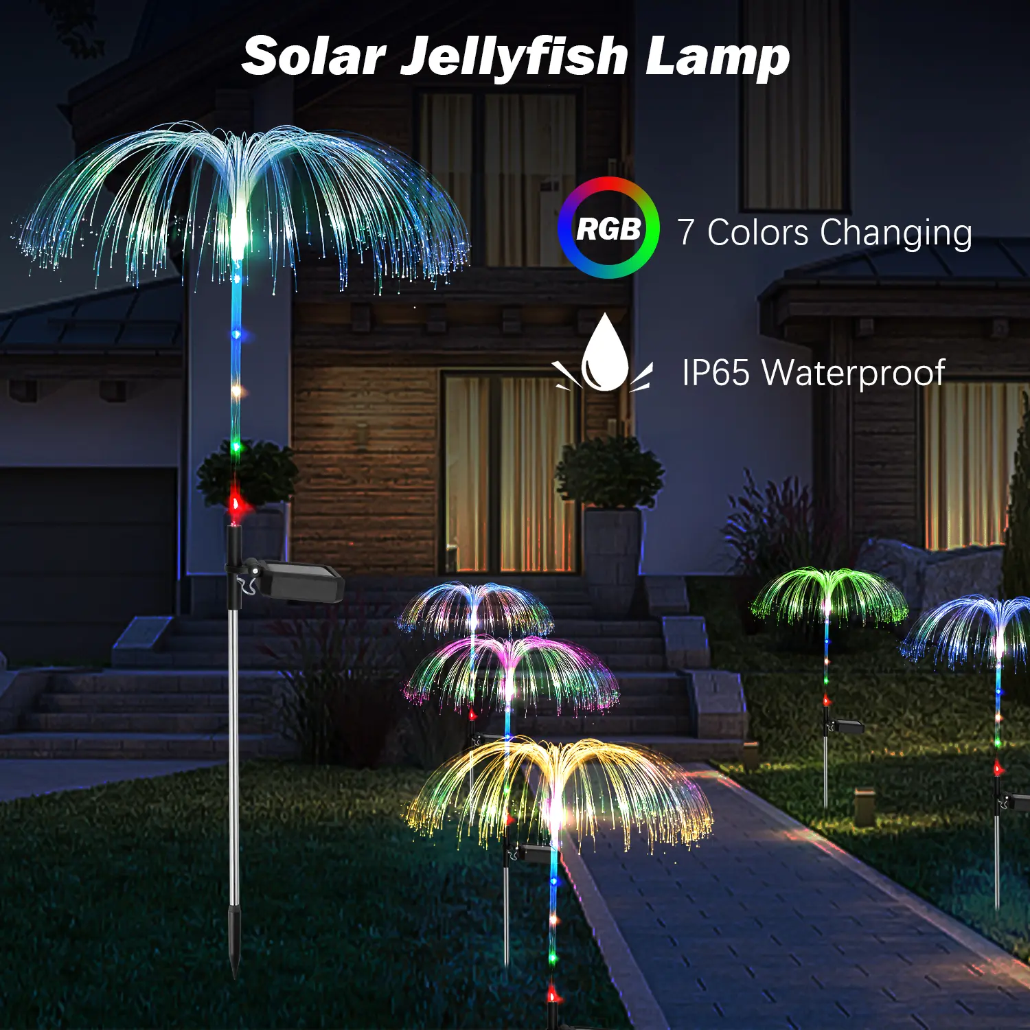 Upgraded Solar Jellyfish Waterfall Light – RGB 7-Color Fiber Optic Garden Lamp, Auto On/Off IP65 Waterproof, Plug-in Ground Stake for Yard, Patio, Party Decor