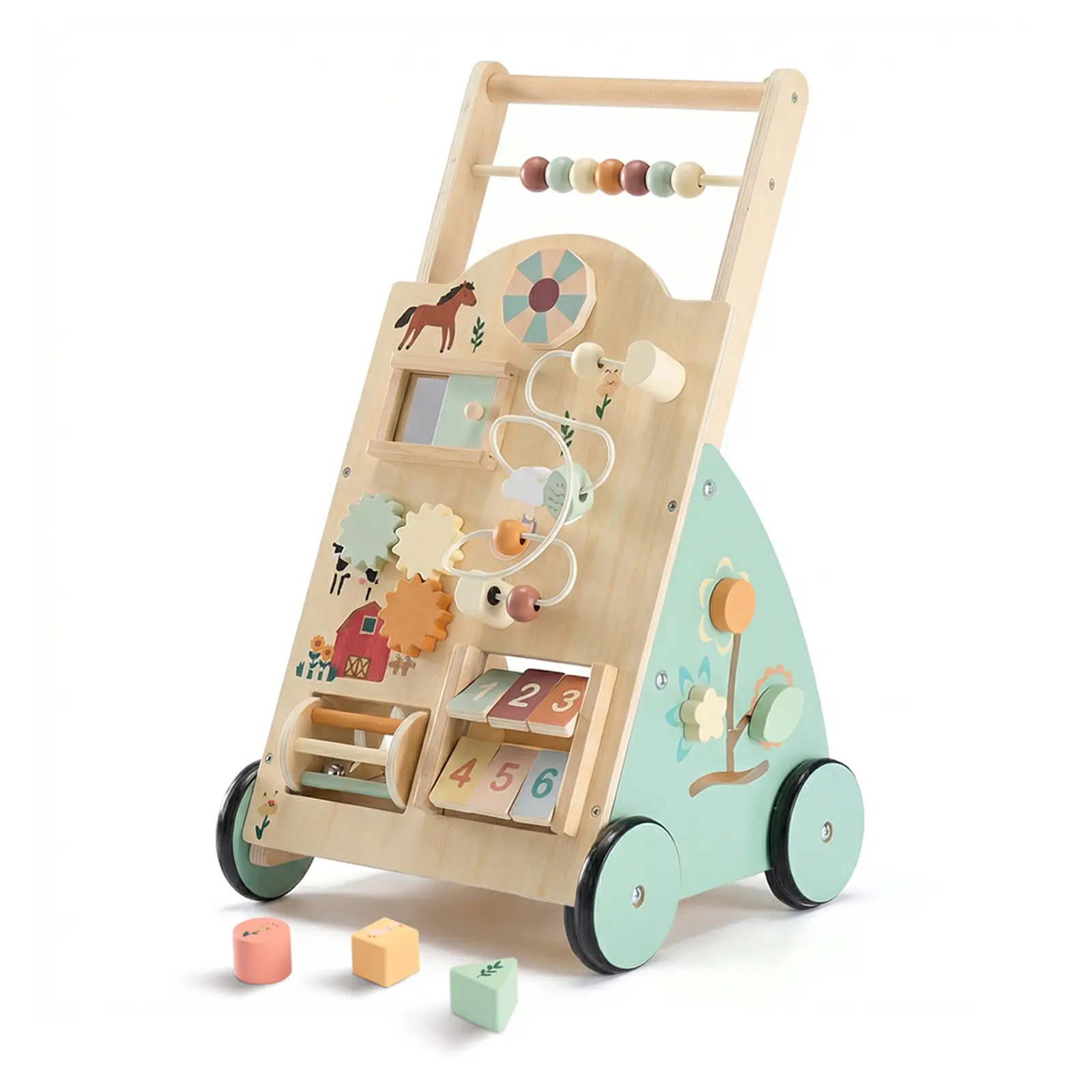 Wooden Baby Push Walker, Montessori Activity Toys with Adjustable Speed for 1 Year Old, Silent Rubber Wheels