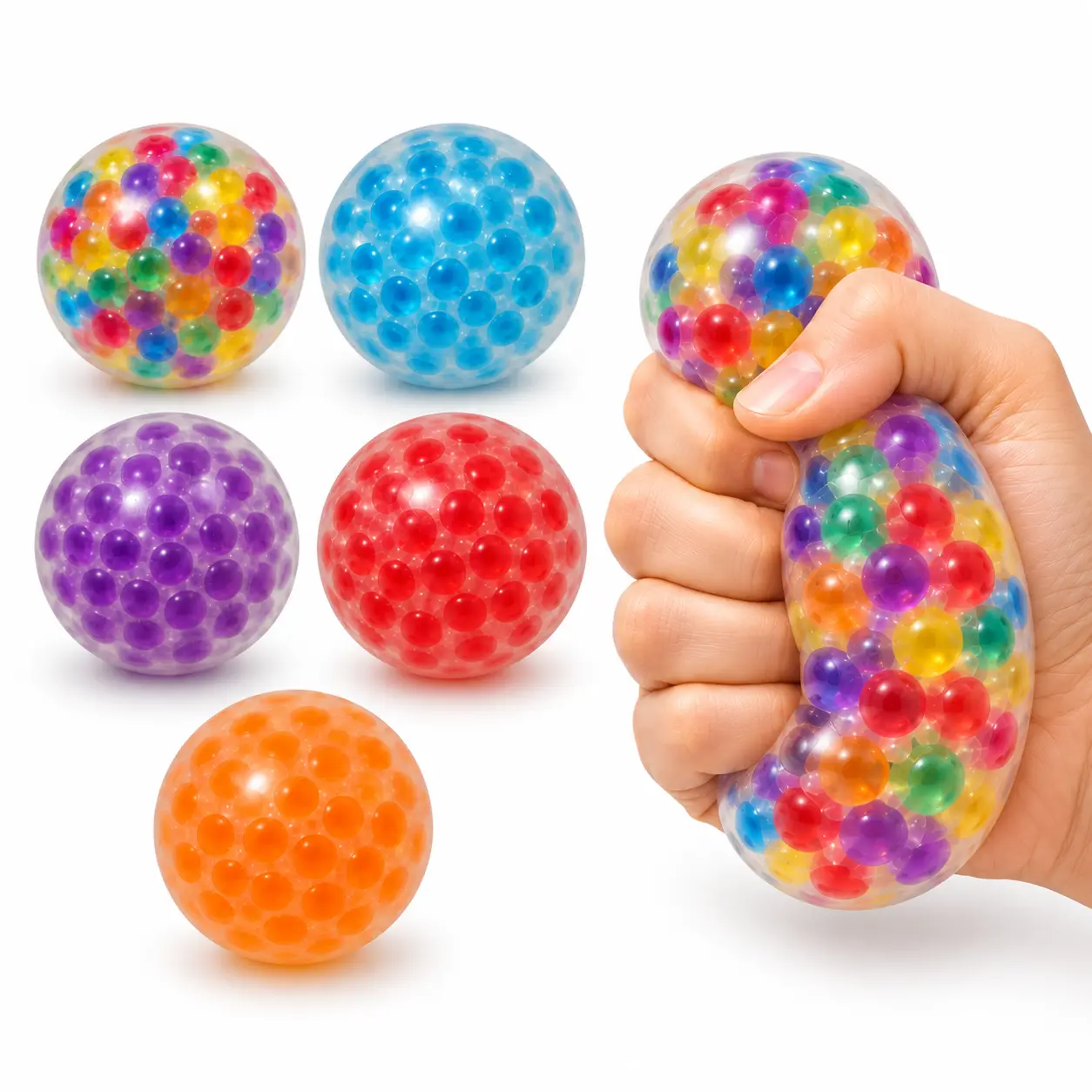 Colorful Gel Bead Stress Balls 6 Pack, Soft Squishy Sensory Fidget Balls for Stress & Anxiety Relief, Squeeze Toys for Adults, Teens & Kids