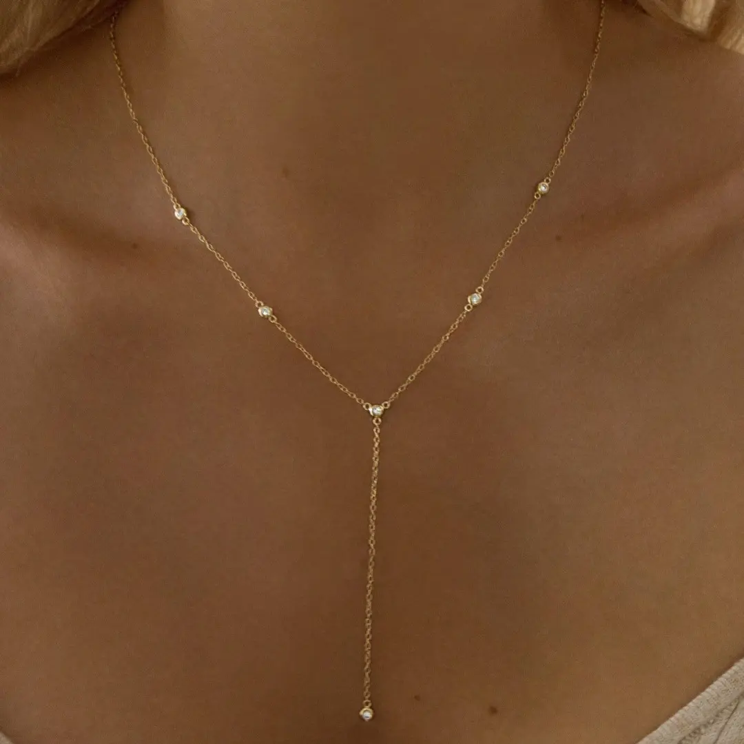 Women's Minimalist Cubic Zirconia Single Pendant Y-Drop Slimming Line Gold/Silver Tone Necklaces - Hypoallergenic Metal Coating, 5cm Extension Adjustable Chain, Elegant Dainty Layering Accessory for Daytime Office, Evening Wear, Female Gold Necklaces