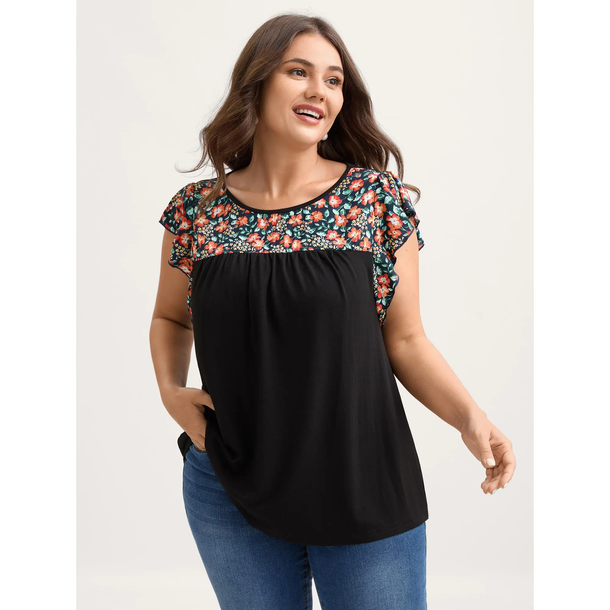 BloomChic Plus Size Ditsy Floral Blouse, Casual Women's Top with Flutter Cap Sleeves and Round Neck, Flowy Rayon Blend Fabric, Women's Tops, Plus Size Clothes, Shortsleeve, Curvy Clothing, Cute Tops For Women