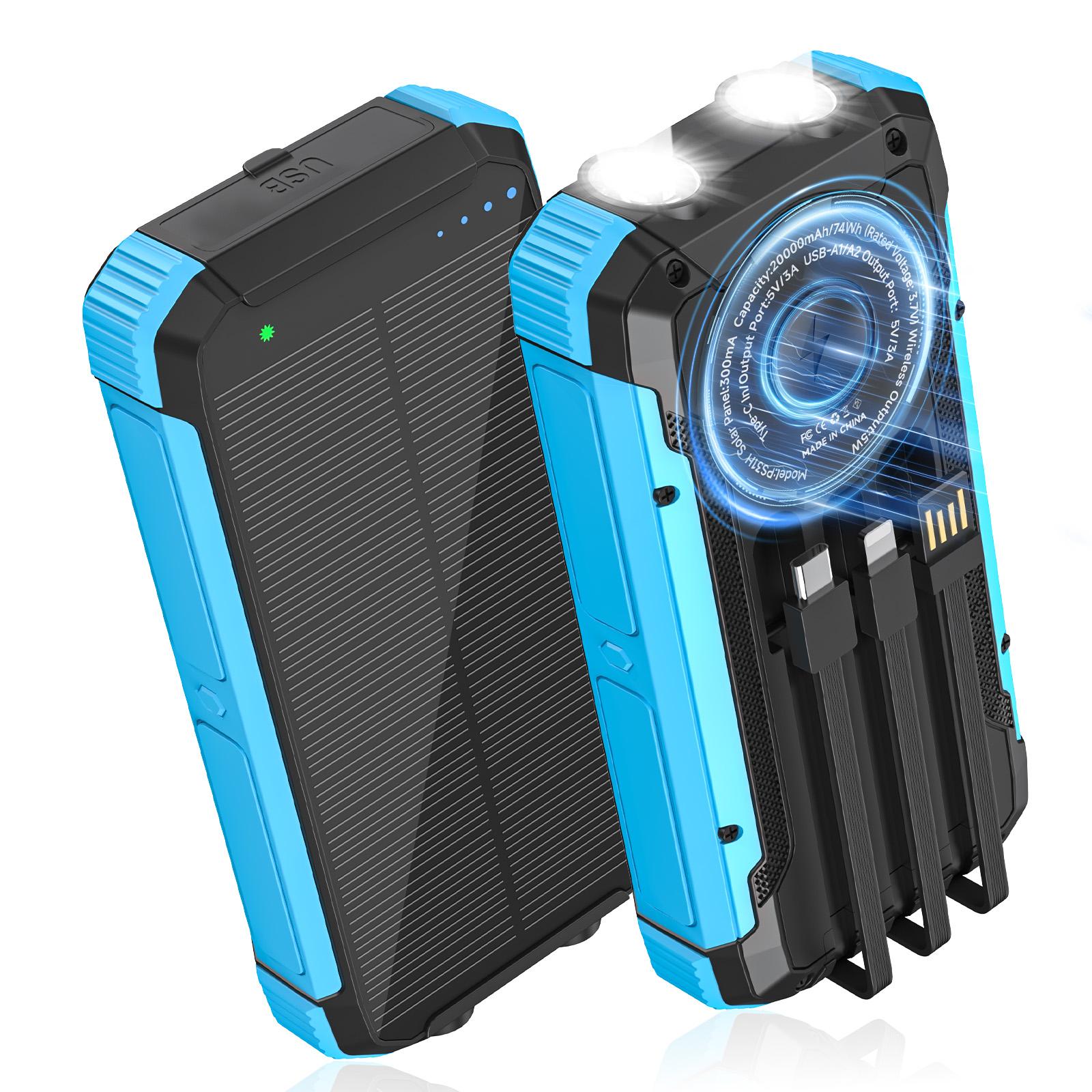 20000mAh Solar Power Bank with 4 Foldable Solar Panels, Built-in Wireless Charging, PD 15W Fast Charging, 3 Built-in Cables, 6 Charging Ports, Portable Solar Charger with Dual Flashlights and Carabiner, Compatible with All Mobile Devices