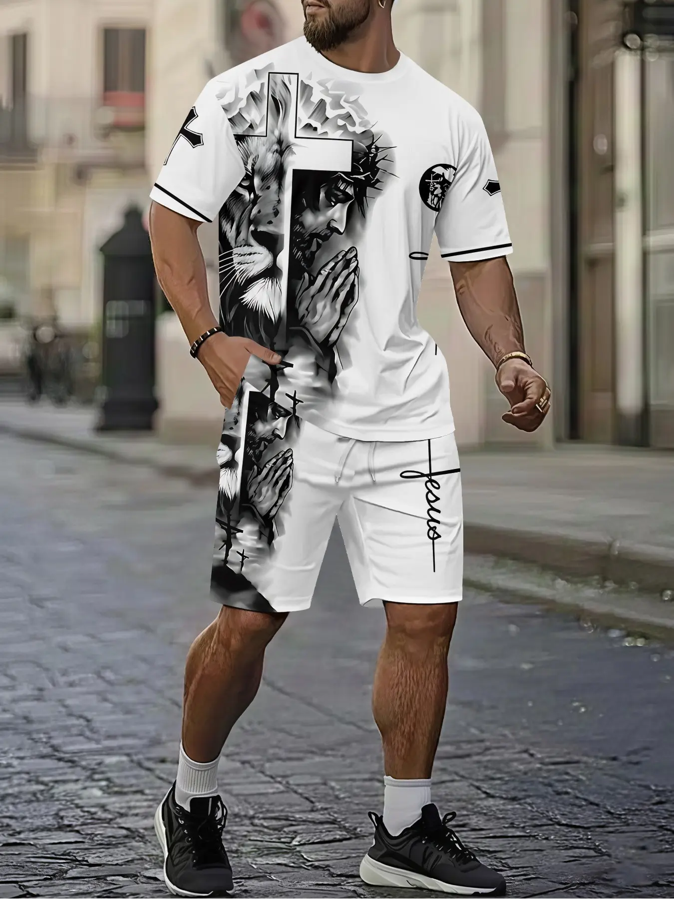 Religious belief Jesus lion cross men's 3D digital printed two-piece set, 2Pcs, trendy fashion set, trendy retro casual two-piece set, vacation style tropical trendy outfit, breathable sporty casual style, a perfect holiday gift for men