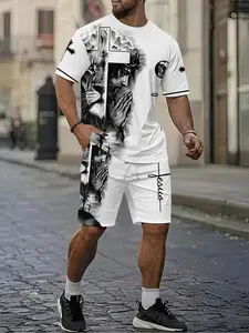 Religious belief Jesus lion cross men's 3D digital printed two-piece set, Menswear, Top, trendy retro casual two-piece set, breathable sporty casual style, holiday gift for men, Clothes, Summer casual set, Streetwear set
